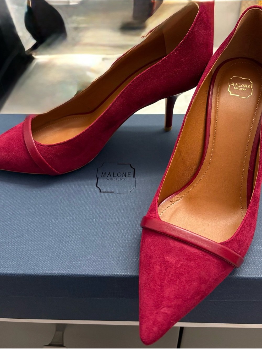 Malone Souliers raspberry suede pointed-toe pumps